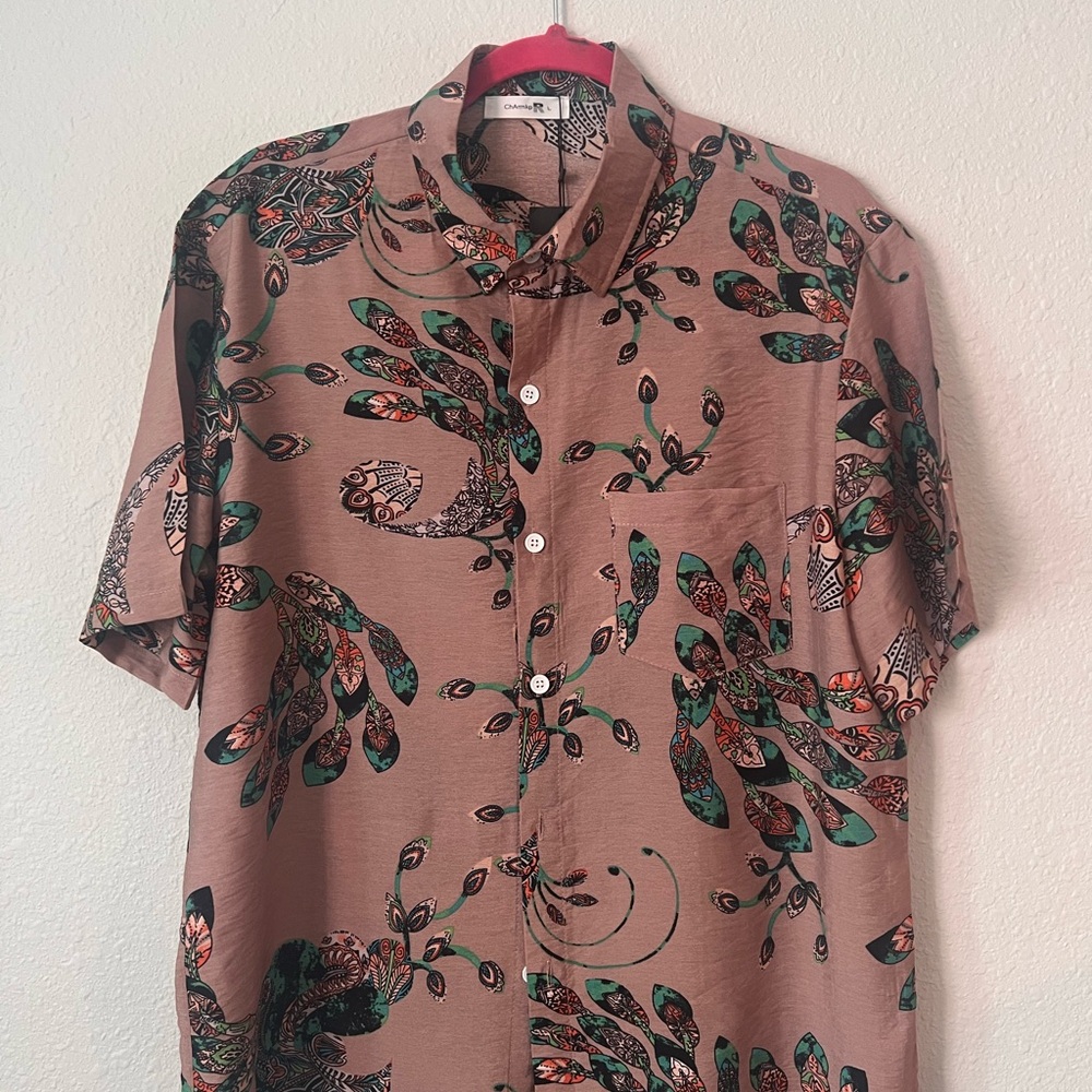 Green and Brown Casual Button Down Shirt with Classic Collar